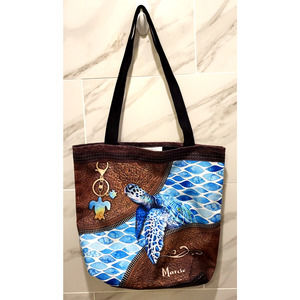 Sea Turtle Tote Bag Blue Brown Polyester Print 12x14x4 Made in Mexico Never Used